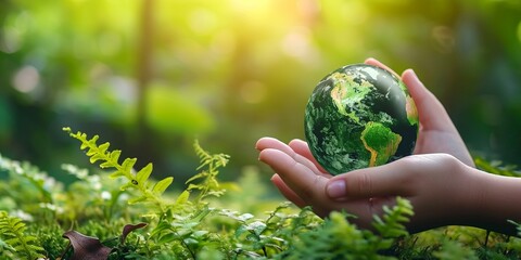 Hands protecting globe of green tree on tropical nature summer background, Ecology and Environment concept