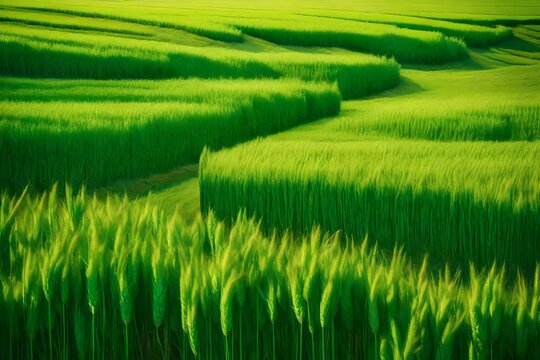 Picture the poetry of agriculture—a field dressed in the vibrant green attire of flourishing wheat ears. Immaculate lighting adds a touch of perfection to the super