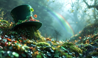 Enchanted leprechaun hat in a mossy forest setting with a distant rainbow. - obrazy, fototapety, plakaty