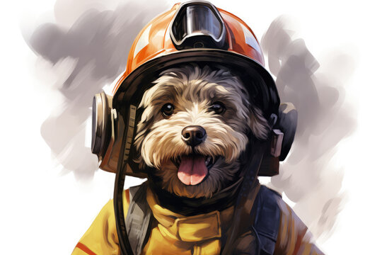 
Illustration of a dog as a firefighter, wearing a helmet and carrying a hose