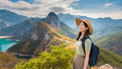 Naklejka premium eco tourism concept; woman in hat standing on the mountains