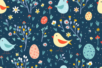 Seamless pattern with Easter eggs and playful springtime birds, storybook style