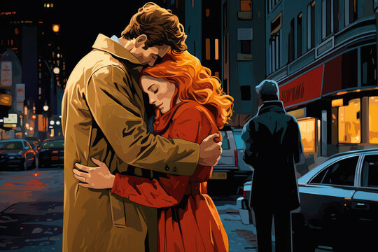 
Illustration of a scene of infidelity with a wife caught embracing a man in a busy street, all three covering their faces in shame, city background