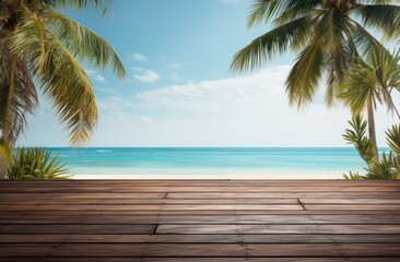 Wooden floor with palm trees and ocean views in clear light offering a serene and tropical atmosphere, nature and water picture