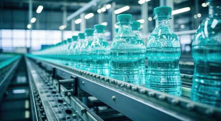 Bottled water being produced in a factory, water in industry photo