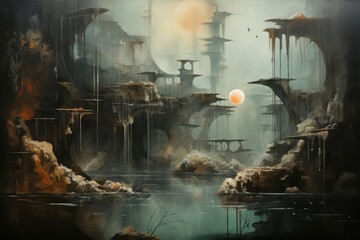 Enigmatic misty ruins, holding ancient secrets and forgotten knowledge - Generative AI