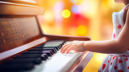 close up of child hands playing the piano with bokeh background - obrazy, fototapety, plakaty
