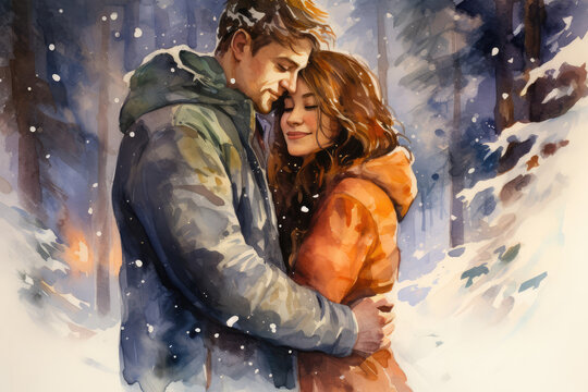 
Watercolor of a couple sharing a warm embrace on a snowy winter evening