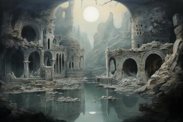 Enigmatic misty ruins, holding ancient secrets and forgotten knowledge - Generative AI - obrazy, fototapety, plakaty