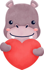 Watercolor Hippo Hugging Valentine Heart Illustration