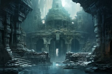 Enigmatic misty ruins, holding ancient secrets and forgotten knowledge - Generative AI - obrazy, fototapety, plakaty