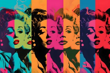 A vibrant pop art collage of iconic female portraits, celebrating diversity and femininity for International Women's Day