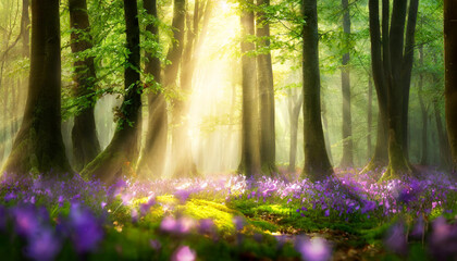 Piękny wiosenny bukowy las o poranku z mgłą i słońcem, dekoracja, tło generative ai