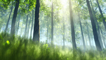 Piękny wiosenny bukowy las o poranku z mgłą i słońcem, dekoracja, tło generative ai - obrazy, fototapety, plakaty