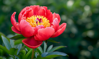 Fototapeta premium Red Peony Flower Head Full Bloom, Generative AI