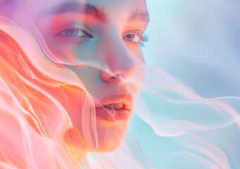 Fashion surreal Concept. Closeup portrait of stunning girl surround in bright neon swirling flowing smoke energy waves light ray. illuminated dynamic composition dramatic lighting. copy text space	
