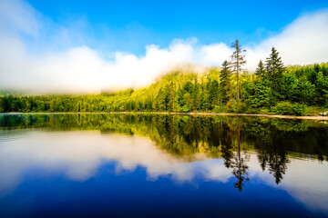 View of the surrounding landscape at Ödensee in Bad Mitterndorf in Styria. Nature at the clear swimming lake in the Salzkammergut in Austria.
