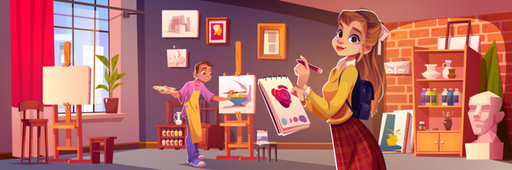 Art school students drawing pictures in studio. Vector cartoon illustration of happy teen boy and girl painting on canvas, light room with large window, sculpture, artworks on wall, bottles on shelf