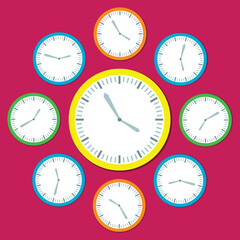 set of Retro Vector wall office  Clocks in yellow blue and orange Showing different hours