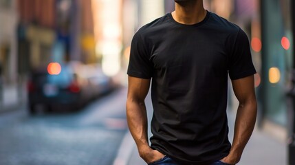 Man model shirt mockup. Boy wearing black t-shirt on street in daylight. T-shirt mockup template on hipster adult for design print. Male guy wearing casual t-shirt mockup placement. - obrazy, fototapety, plakaty