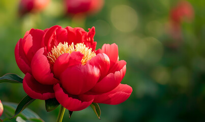 Fototapeta premium Red Peony Flower Head Full Bloom, Generative AI