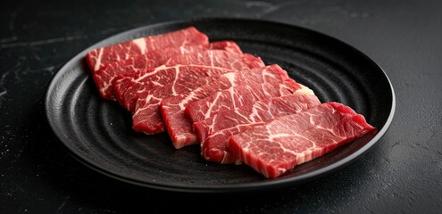 a black plate with beef cuts that have been sliced