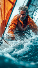Vertical banner advertising regatta and adventures on the high seas, portrait of a sailor during a storm - obrazy, fototapety, plakaty