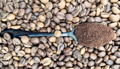 Against the background of roasted aromatic coffee beans lies a metal spoon filled with ground coffee. A drink made from roasted and ground beans from the coffee tree or coffee bush.