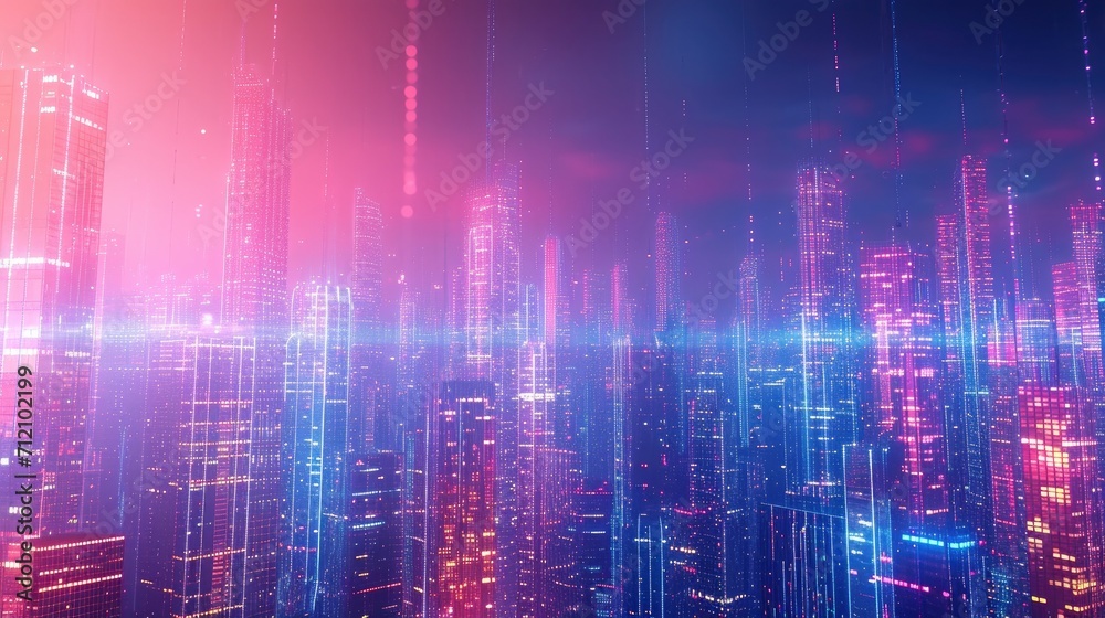 Wall mural Abstract hologram 3D city rendering with futuristic matrix. Digital skyline with a binary code particles network. Technology and connection concept. Architecture background with particle skyscrapers.