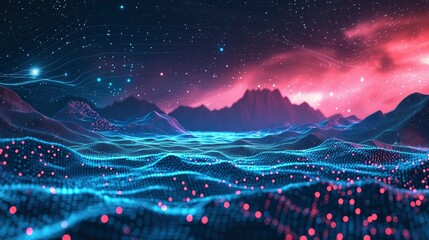 Abstract digital landscape with particles dots and stars on horizon. Wireframe landscape background. Big Data. 3d futuristic illustration. 80s Retro Sci-Fi Background