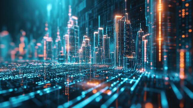 Abstract hologram 3D city rendering with futuristic matrix. Digital skyline with a binary code particles network. Technology and connection concept. Architecture background with particle skyscrapers.