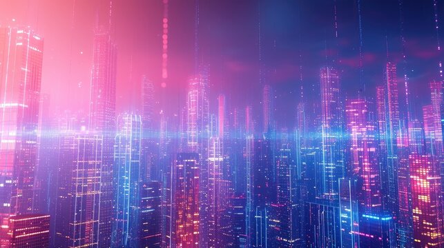 Abstract hologram 3D city rendering with futuristic matrix. Digital skyline with a binary code particles network. Technology and connection concept. Architecture background with particle skyscrapers.