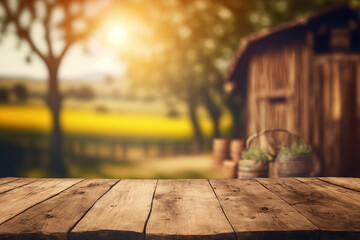 Wooden table with blurred farm background on harvesting season. Flawless . generative ai - obrazy, fototapety, plakaty