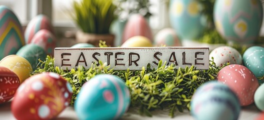 Easter themed display with colorful eggs and sale sign. Seasonal promotion.