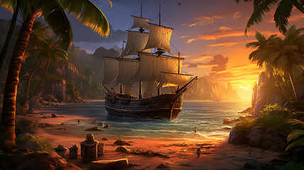 Pirates Cover Treasure Hunter A pirate ship or tree - obrazy, fototapety, plakaty