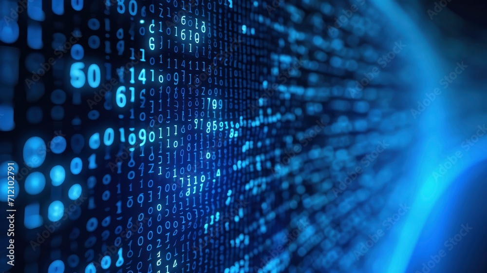 Poster blue digital binary data on computer screen background