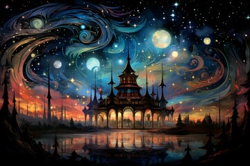 Obraz premium Whimsical starlight carousels, spinning through the cosmos and granting celestial rides - Generative AI