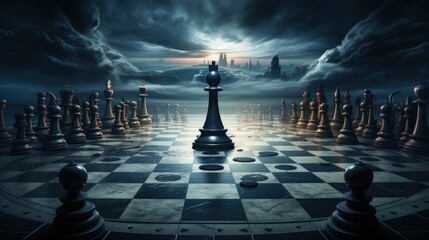 Epic Chess Match at Dusk - Majesty and Strategy Amidst Fantasy Landscape