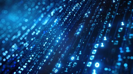 Blue digital binary data on computer screen background