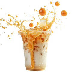 Caramel bubble milk tea In a ready-to-drink glass, bubble tea splashes, sweet, mellow and refreshing. Used to make drink menus in cafe. isolate on white .png