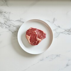 Prime rib raw meat on a white plate background