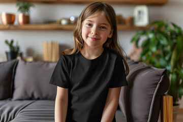 Black t-shirt mockup by wearing a young girl model - Round neck t-shirt mockup