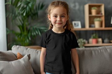 Fototapeta premium Black t-shirt mockup by wearing a young girl model - Round neck t-shirt mockup