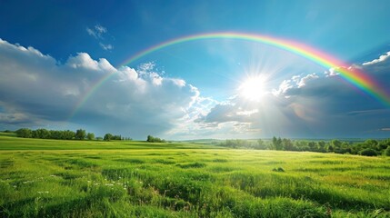 Fototapeta premium rainbow with sunshine over the field