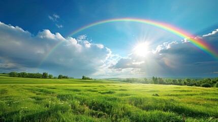 rainbow with sunshine over the field