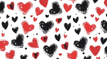 seamless pattern, minimalist valentine pattern including hearts, white red and black