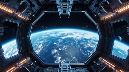 Obraz premium Spaceship futuristic interior with view on planet Earth.