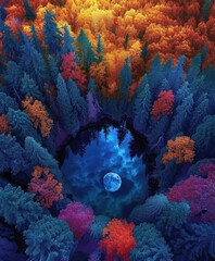 Top view of water reflex a moonlit forest, moonlight.