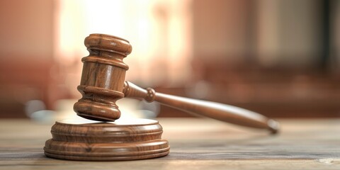 wooden gavel in court on a wooden stand stock photo