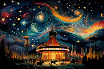 Whimsical starlight carousels, spinning through the cosmos and granting celestial rides - Generative AI - obrazy, fototapety, plakaty